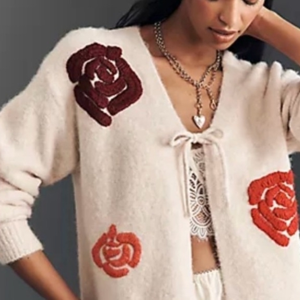 Anthropologie Cream Cardigan with Red and Orange Floral Accents